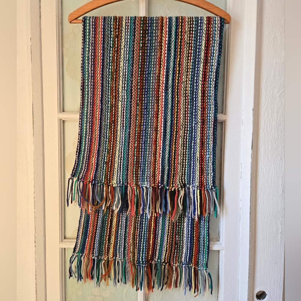 Multi-Color Knit Fringe Scarf – Cozy Striped Winter Accessory